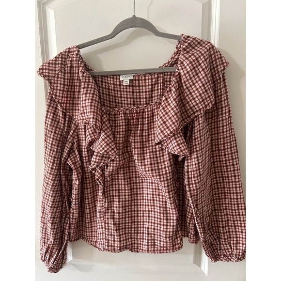 J. Crew Women’s XXL Red Plaid Ruffle Boho Hippie Cottage Square Neck Cropped - Picture 2 of 10